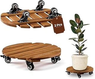 2 Pack 14-inch Acacia Wood Plant Caddy with 360° Lockable Wheels, 300lb, Golden Teak Round
