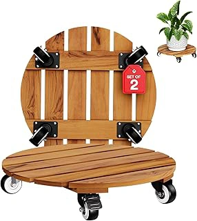 2-Pack 14-inch Acacia Wood Round Plant Caddy, Heavy Duty, 360° Lockable Wheels, 264 lbs, Natural