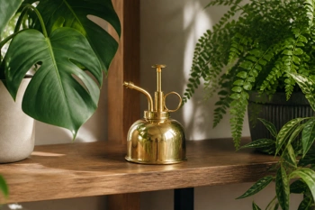 Stylish brass misters that help tropical plants thrive indoors.