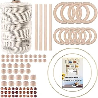 87-Piece Macrame Kit, 220 Yards 3mm Natural Cotton Cord, with Wooden Beads & Rings