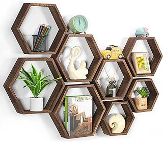 Set of 8 Brown Wood Hexagon Floating Wall Shelves for Plants