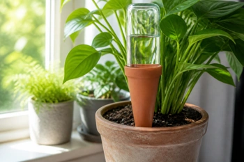 Affordable terracotta spikes that water your plants while you travel.