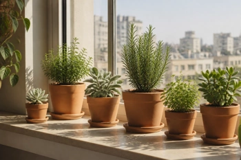 Compact terracotta sets under $32 that fit narrow sills, include saucers, and look good doing it.