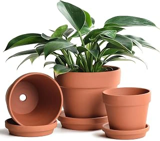 INGOFIN Terracotta Ceramic Clay Planters with Saucers & Drainage - Set of 3