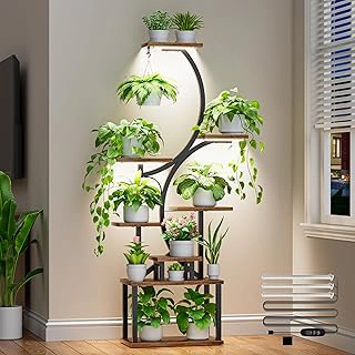 62" Tall 8-Tier S-Shaped Corner Plant Stand with Grow Lights - Brown
