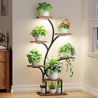 BACEKOLL 49" Brown Metal 7-Tier Tree-Shaped Corner Plant Stand with Grow Lights