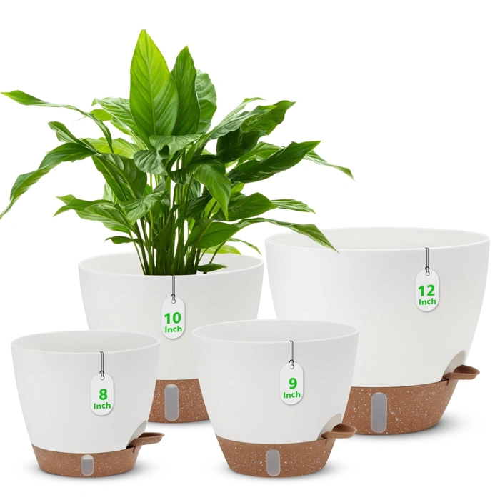 12" 10" 9" 8" Self Watering Plastic Pots with Water Level Indicator, White