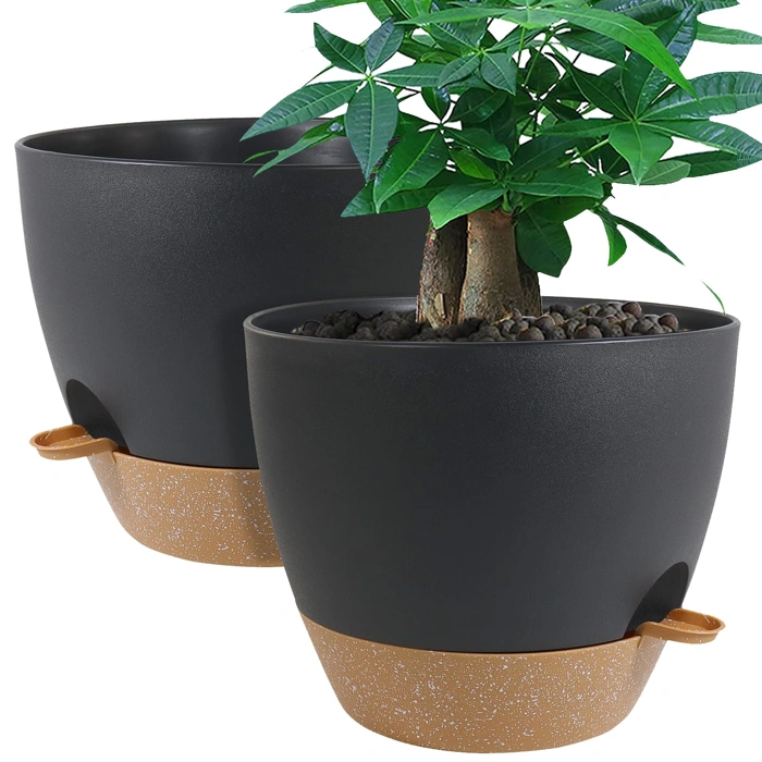 UOUZ 12 inch 2-Pack Large Self Watering Plastic Planters with Deep Reservoir, Black/Brown