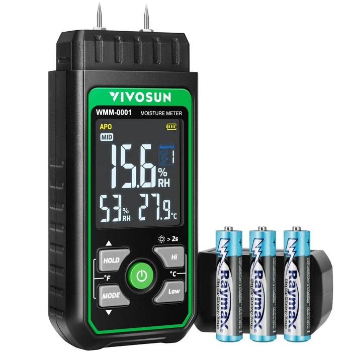 VIVOSUN 3-In-1 Pin-Type Digital Wood Moisture Meter, Ambient Temp & Humidity, 7 Modes