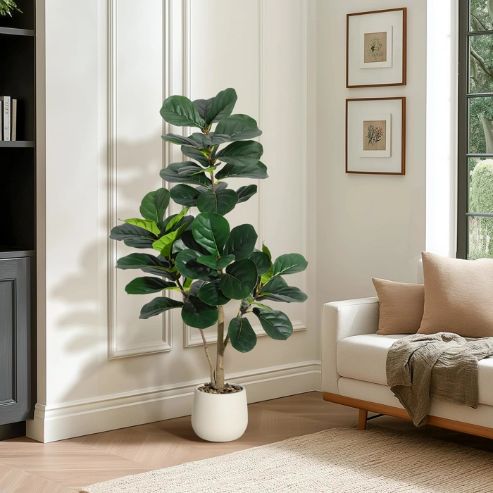 4 ft Artificial Fiddle Leaf Fig Tree with 48 Leaves in 7.8 in White Planter Pot